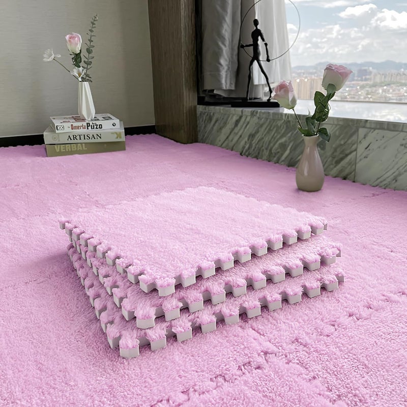 JADERLU 16pcs 0.6" Thickened Interlocking Tile Mats,Fluffy Shaggy Soft EVA Foam Area Rug for Living Room & Bedroom,Non-Slip Protective Floor Carpet Play Mat Kids Baby Dorm Home Decor (11.8ft, Pink) - Image 5